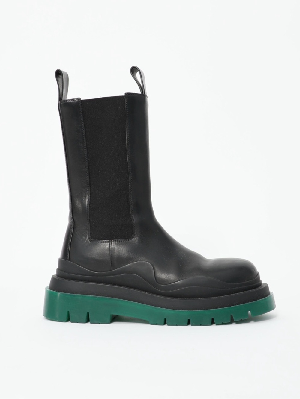 Bottega  Black Leather Chelsea Boot with Green Lug Sole